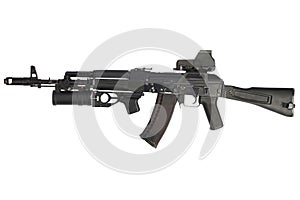 Modern kalashnikov AK 74M assault rifle with holographic weapon sight and underbarrel grenade launcher