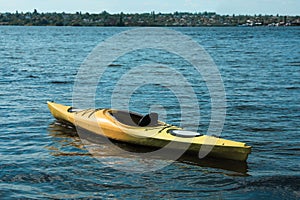 Modern kayak on river. Summer camp activity