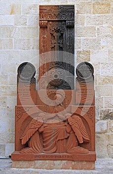 A modern khachkar with traditional Armenian symbolism in Jerusalem