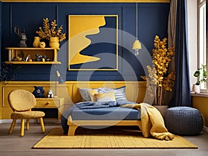 modern kid bedroom in blue and yellow tones