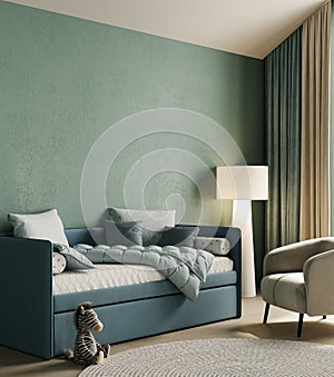 Modern kids bedroom with cozy bed, green wall mock up, children room with blue bed, 3d rendering