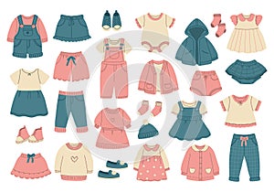 Modern kids clothes set. Fashion garments for girls. Collection of stylish casual children wearing.