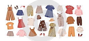 Modern kids clothes set. Summer fashion garments for boys and girls. Collection of stylish casual children wearing. Flat