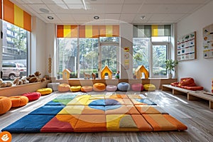 Modern kindergarten classroom with vibrant colors and educational resources