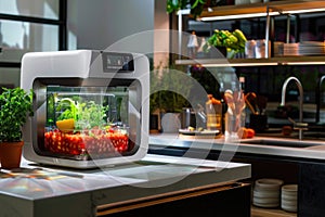 Modern kitchen appliance cultivating fresh herbs and tomatoes in a self-contained indoor garden