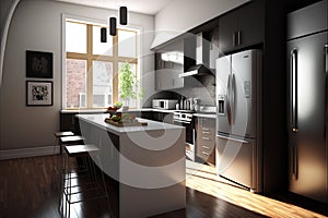 Modern kitchen with bar, appliances and large window, created using generative ai technology