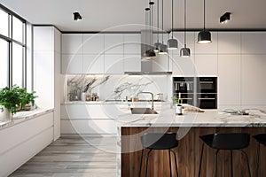 Modern kitchen with black furniture, White marble worktop and backsplash. Generative AI