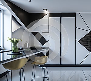 A modern kitchen with a black and white design on the wall created with Generative AI technology