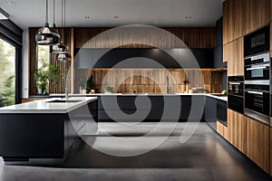 Modern kitchen, with black and wooden cupboards and big window with blinds.