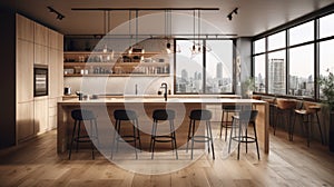 Modern kitchen with breakfast bar in an urban luxury apartment. Wooden floors, wooden facades, bar counter with bar