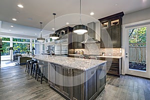 Modern kitchen with brown kitchen cabinets photo