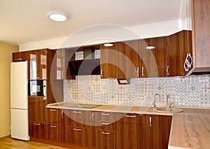 Modern kitchen with the built-in furniture and household appliances