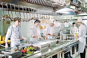 Modern kitchen. The chefs prepare meals in the restaurant`s kitchen