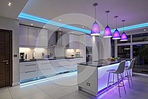 Modern kitchen with colored LED lights