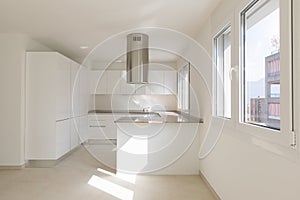 Modern apartment, empty spaces, kitchen photo