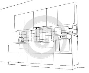 Modern kitchen contour sketch black and white. 3d illustration.