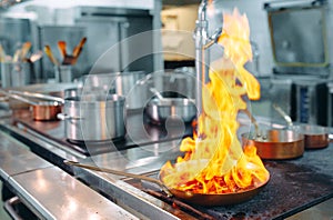 Modern kitchen. Cooks prepare meals on the stove in the kitchen of the restaurant or hotel. The fire in the kitchen.