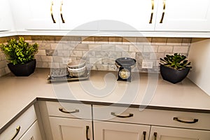Modern Kitchen Counter Top With Decorator Items Including Antique Food Scale