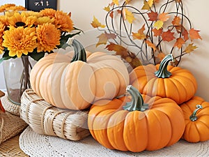 Modern kitchen decorated for fall thanksgiving day pumpkins on white table in home kitchen interior-Generative AI