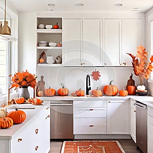 Modern kitchen decorated for fall thanksgiving day pumpkins on white table in home kitchen interior-Generative AI