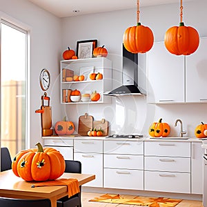 Modern kitchen decorated for fall thanksgiving day pumpkins on white table in home kitchen interior-Generative AI