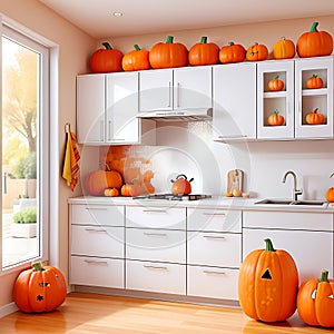 Modern kitchen decorated for fall thanksgiving day pumpkins on white table in home kitchen interior-Generative AI