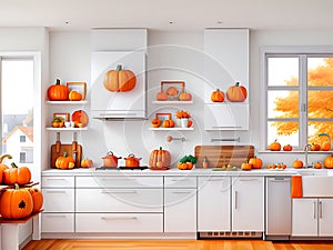 Modern kitchen decorated for fall thanksgiving day pumpkins on white table in home kitchen interior-Generative AI