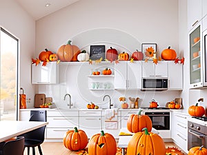 Modern kitchen decorated for fall thanksgiving day pumpkins on white table in home kitchen interior-Generative AI