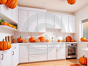 Modern kitchen decorated for fall thanksgiving day pumpkins on white table in home kitchen interior-Generative AI