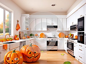 Modern kitchen decorated for fall thanksgiving day pumpkins on white table in home kitchen interior-Generative AI