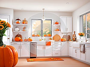 Modern kitchen decorated for fall thanksgiving day pumpkins on white table in home kitchen interior-Generative AI