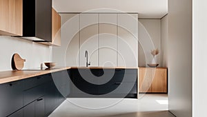 Modern Kitchen Design with Black Cabinets and Wood Accents.