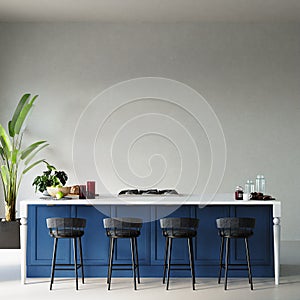 Modern kitchen design with blue cabinet and black chair wall mockup