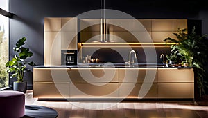 Modern Kitchen Design with Dark Cabinets, Oak Veneer Panels, Appliances, Neon Lighting, Kitchen Aesthetic