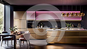 Modern Kitchen Design with Dark Cabinets, Oak Veneer Panels, Appliances, Neon Lighting, Kitchen Aesthetic