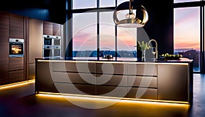 Modern Kitchen Design with Dark Cabinets, Oak Veneer Panels, Appliances, Neon Lighting, Kitchen Aesthetic