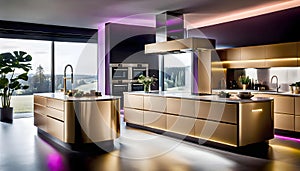 Modern Kitchen Design with Dark Cabinets, Oak Veneer Panels, Appliances, Neon Lighting, Kitchen Aesthetic