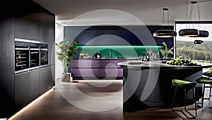 Modern Kitchen Design with Dark Cabinets, Oak Veneer Panels, Appliances, Neon Lighting, Kitchen Aesthetic