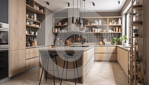 Modern kitchen design with elegant wood cabinets and granite countertops generated by AI