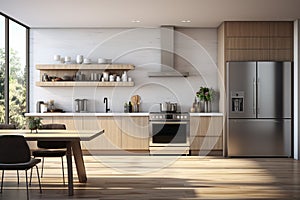 Modern kitchen design, featuring a spacious, open layout with a dedicated area for dining. Ai generated
