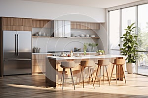 Modern kitchen design, featuring a spacious, open layout with a dedicated area for dining. Ai generated