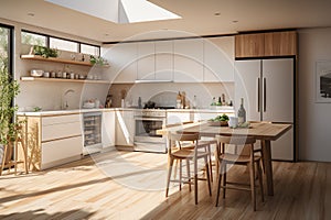 Modern kitchen design, featuring a spacious, open layout with a dedicated area for dining. Ai generated