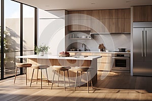 Modern kitchen design, featuring a spacious, open layout with a dedicated area for dining. Ai generated