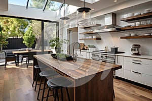 Modern kitchen design, featuring a spacious, open layout with a dedicated area for dining. Ai generated