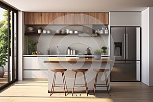 Modern kitchen design, featuring a spacious, open layout with a dedicated area for dining. Ai generated