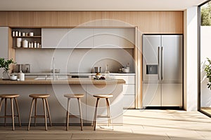 Modern kitchen design, featuring a spacious, open layout with a dedicated area for dining. Ai generated