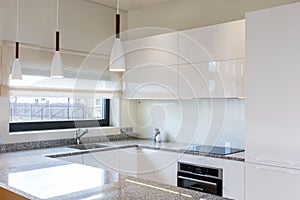 Modern kitchen design in light interior with wood accents.