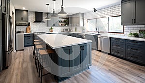 Modern kitchen design with luxury appliances, elegant wood cabinets, and granite countertops generated by AI