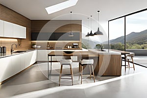 Modern kitchen design with open shelves filled with food generated Ai.