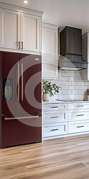 Modern Kitchen Design with Red Refrigerator, White Cabinets, and Stylish Decor Elements